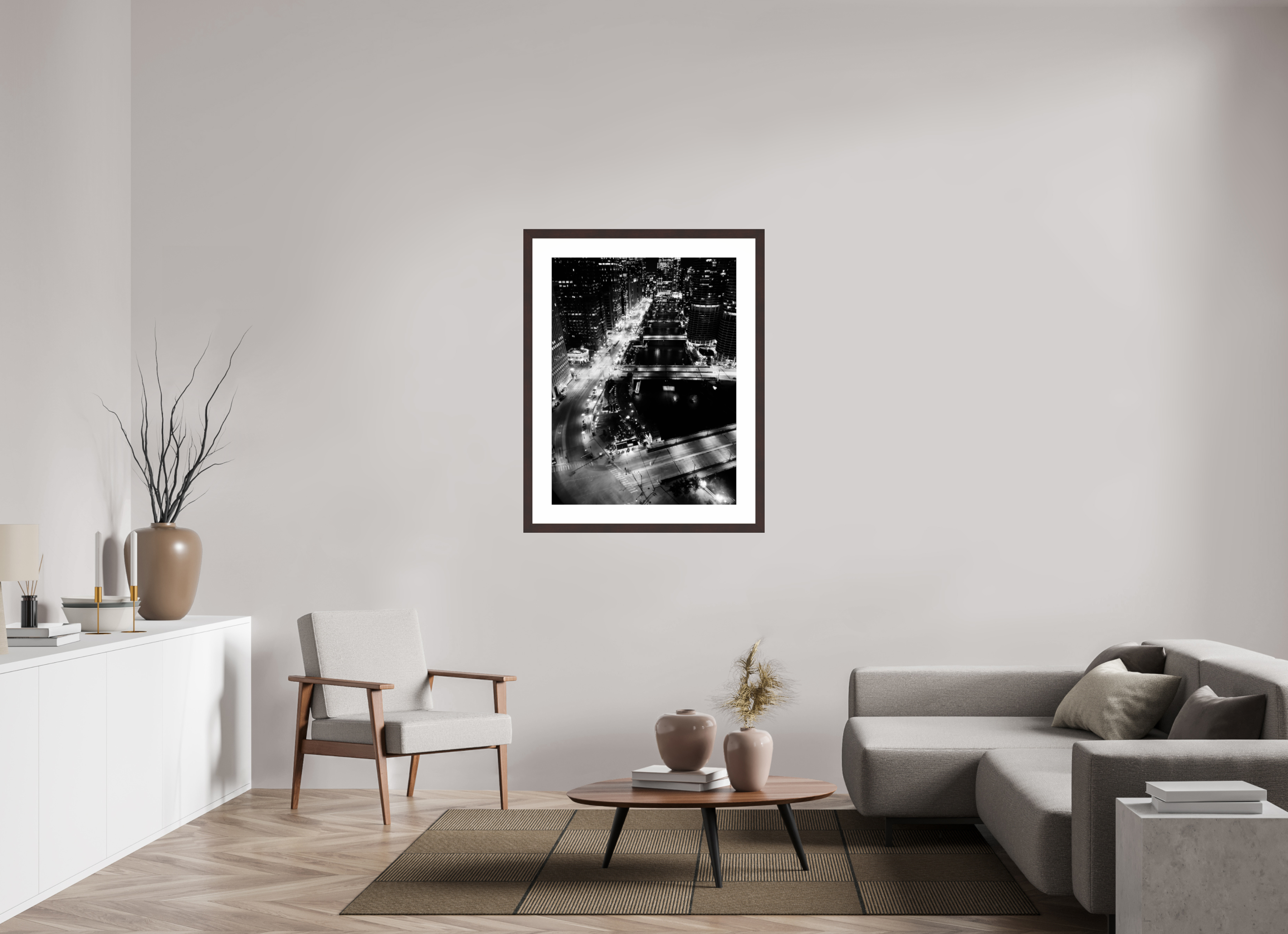 30 x 40″, Framed, Alder Brown, B&W Print Chicago River, Night