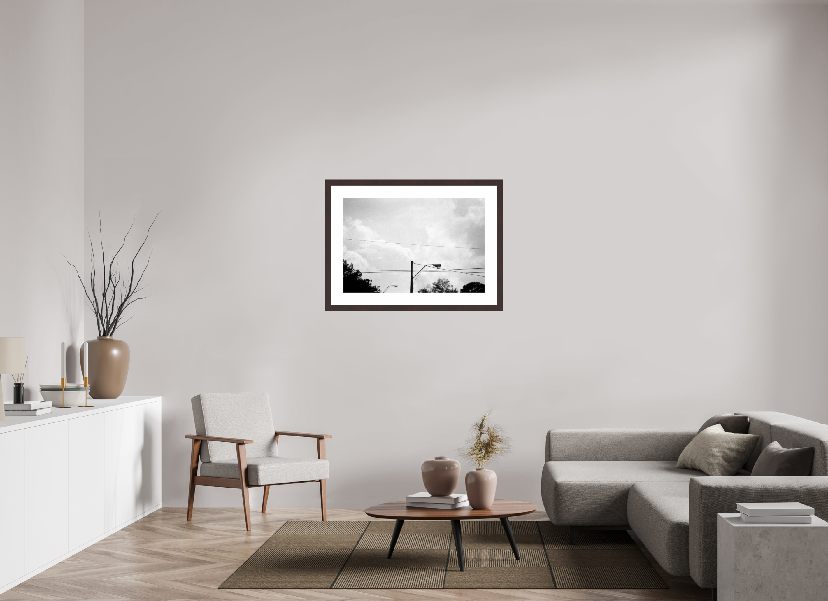 35.6 x 24″, Framed, Alder Brown, B&W Print Wires and Street Lamp
