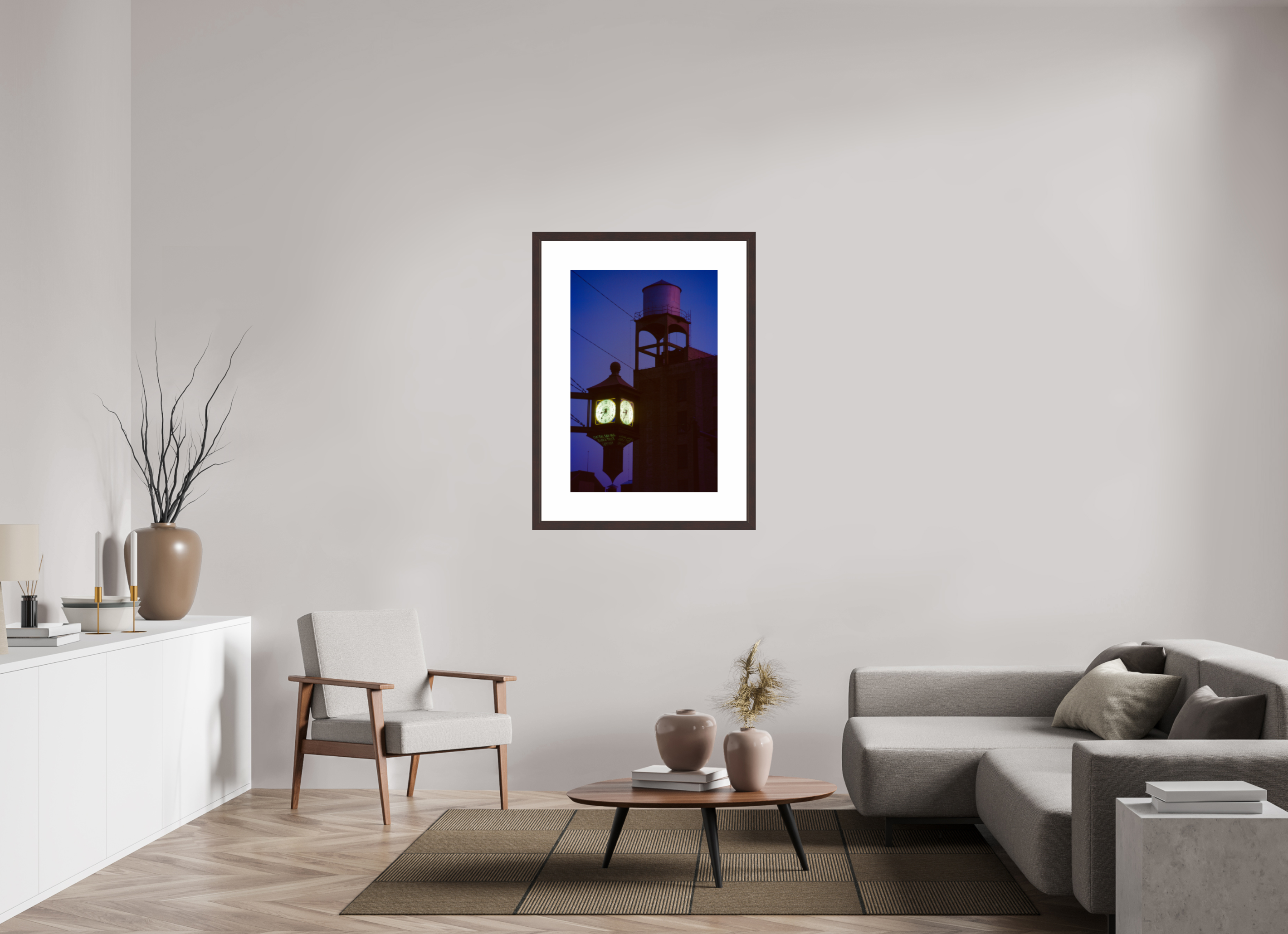 24 x 36″, Framed, Alder Brown, Color Print Clock and Water Tower