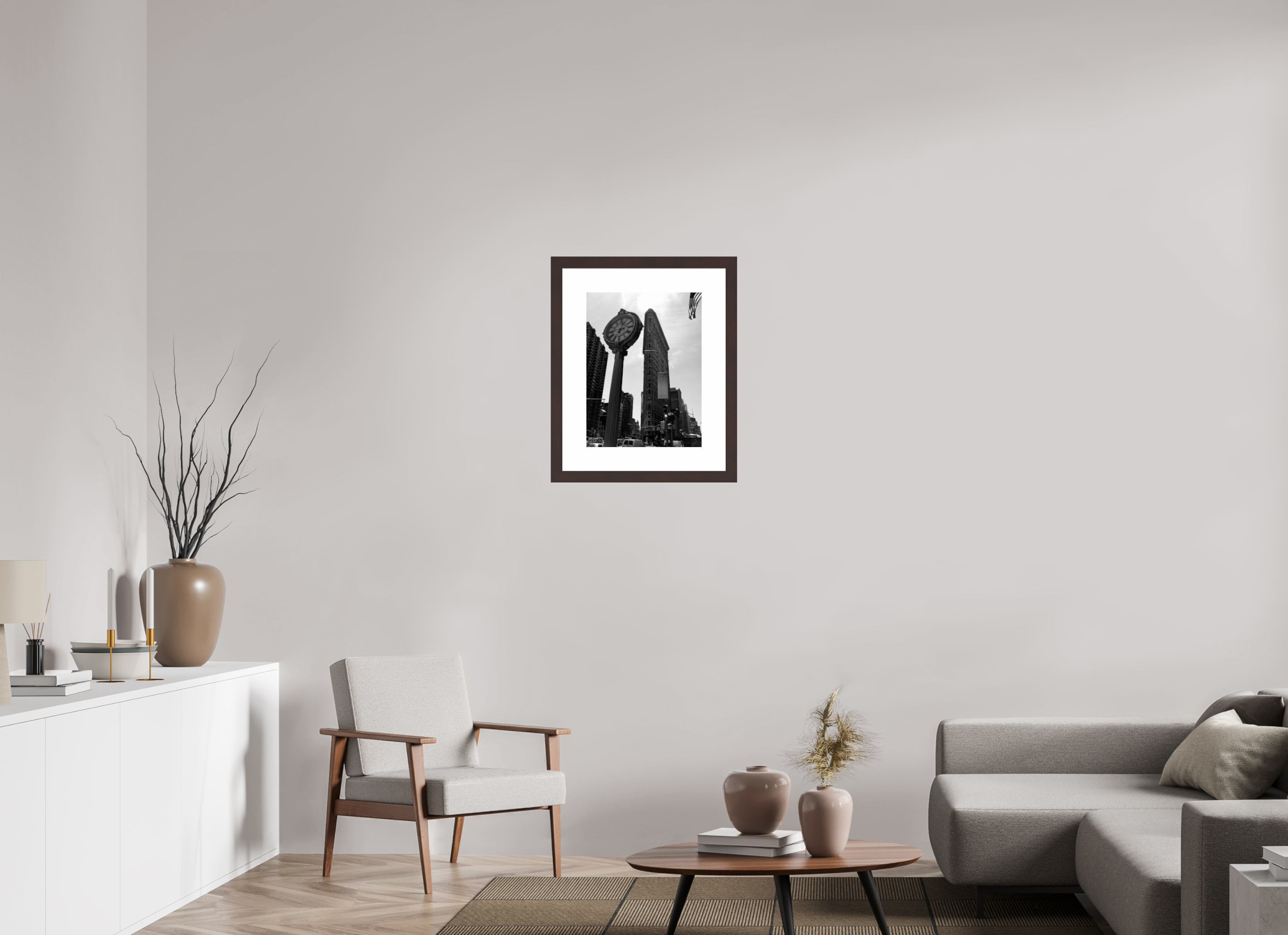 15 x 20″, Framed, Alder Brown, B&W Print Flatiron and Clock