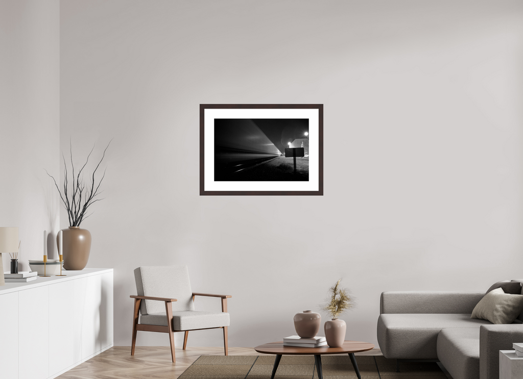 30 x 20″, Framed, Alder Brown, B&W Print Train Going By