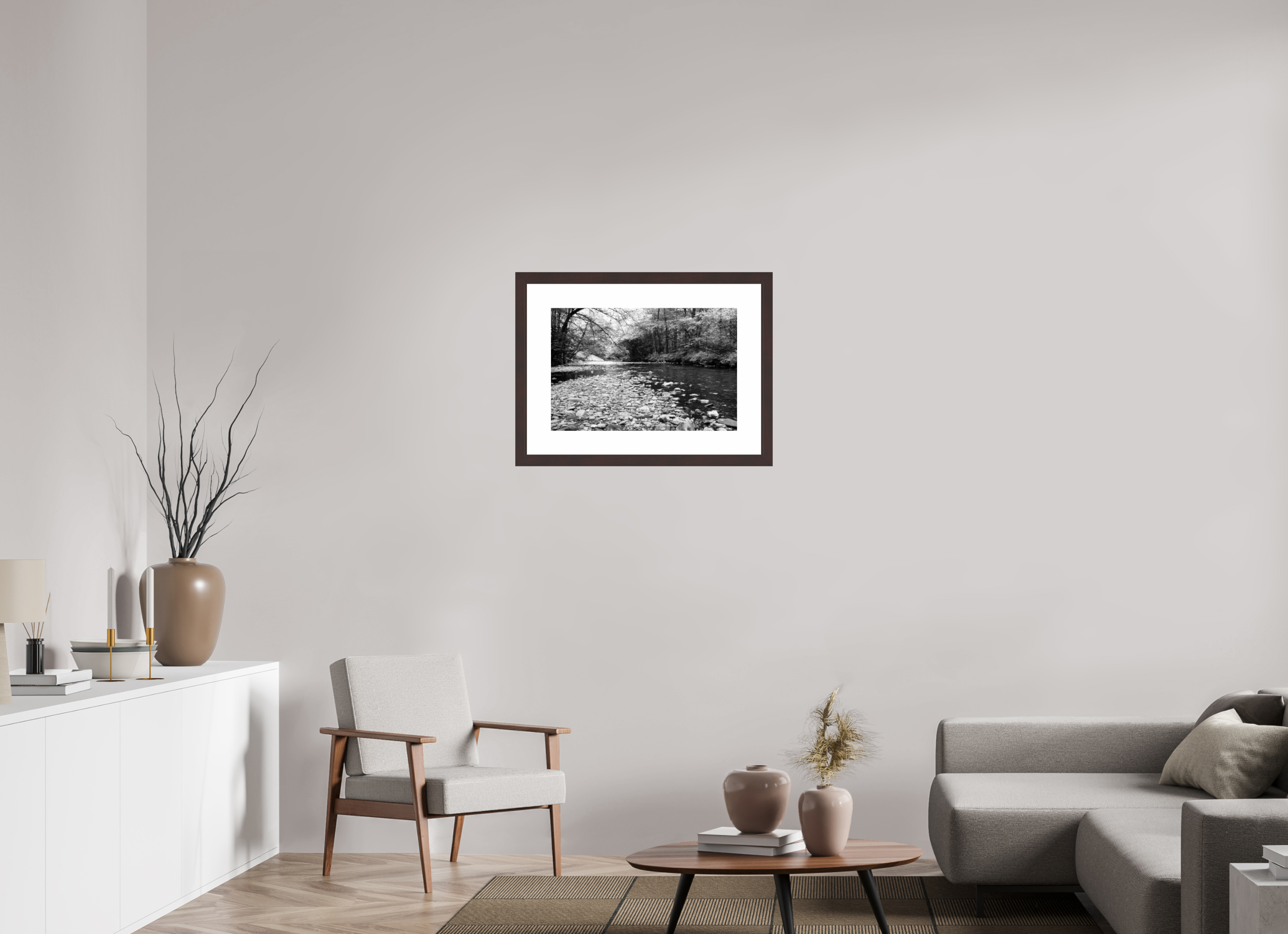 24 x 16″, Framed, Alder Brown, B&W Print On the Bank of the Tallulah
