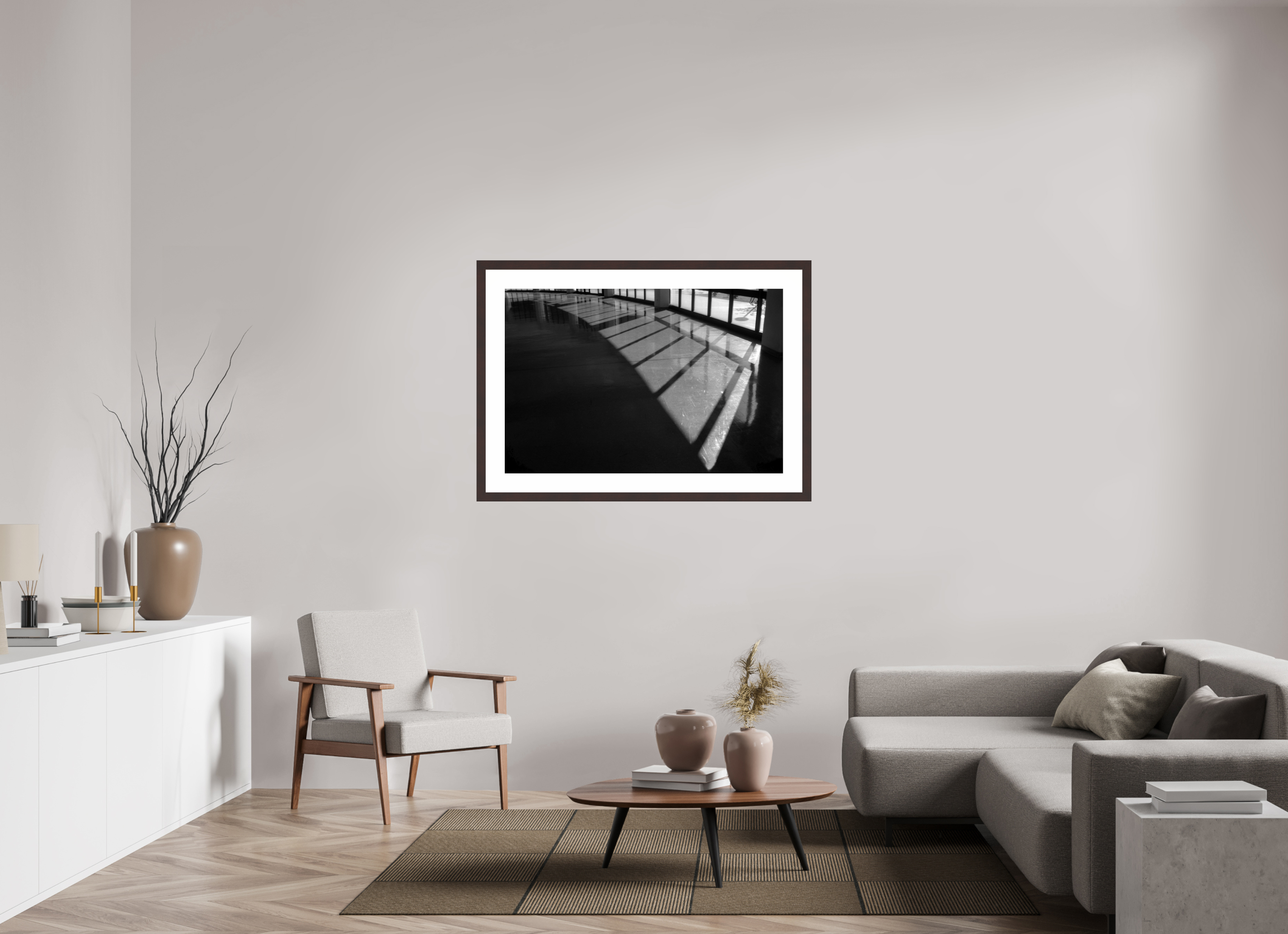 45 x 30″, Framed, Alder Brown, B&W Print Sunlit Floor