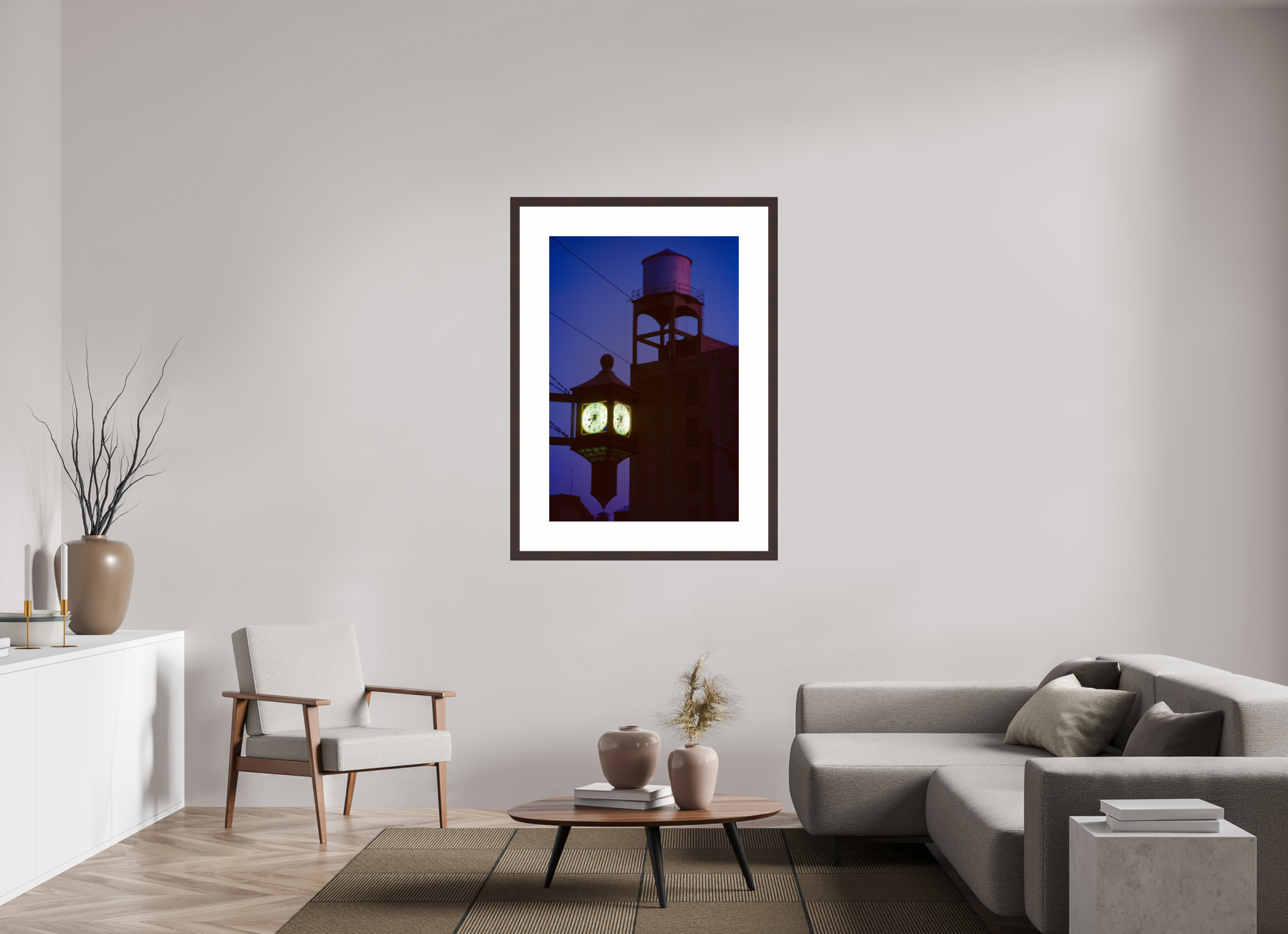 30 x 45″, Framed, Alder Brown, Color Print Clock and Water Tower