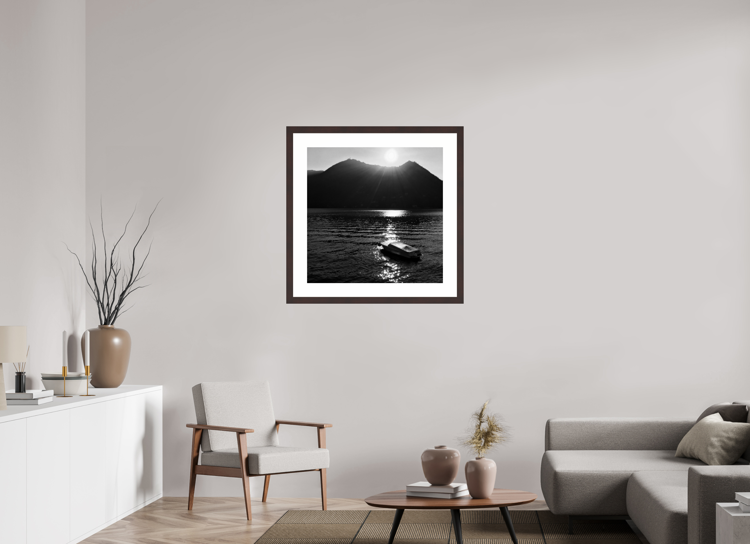 30 x 30″, Framed, Alder Brown, B&W Print Sunrise Over Lake Como