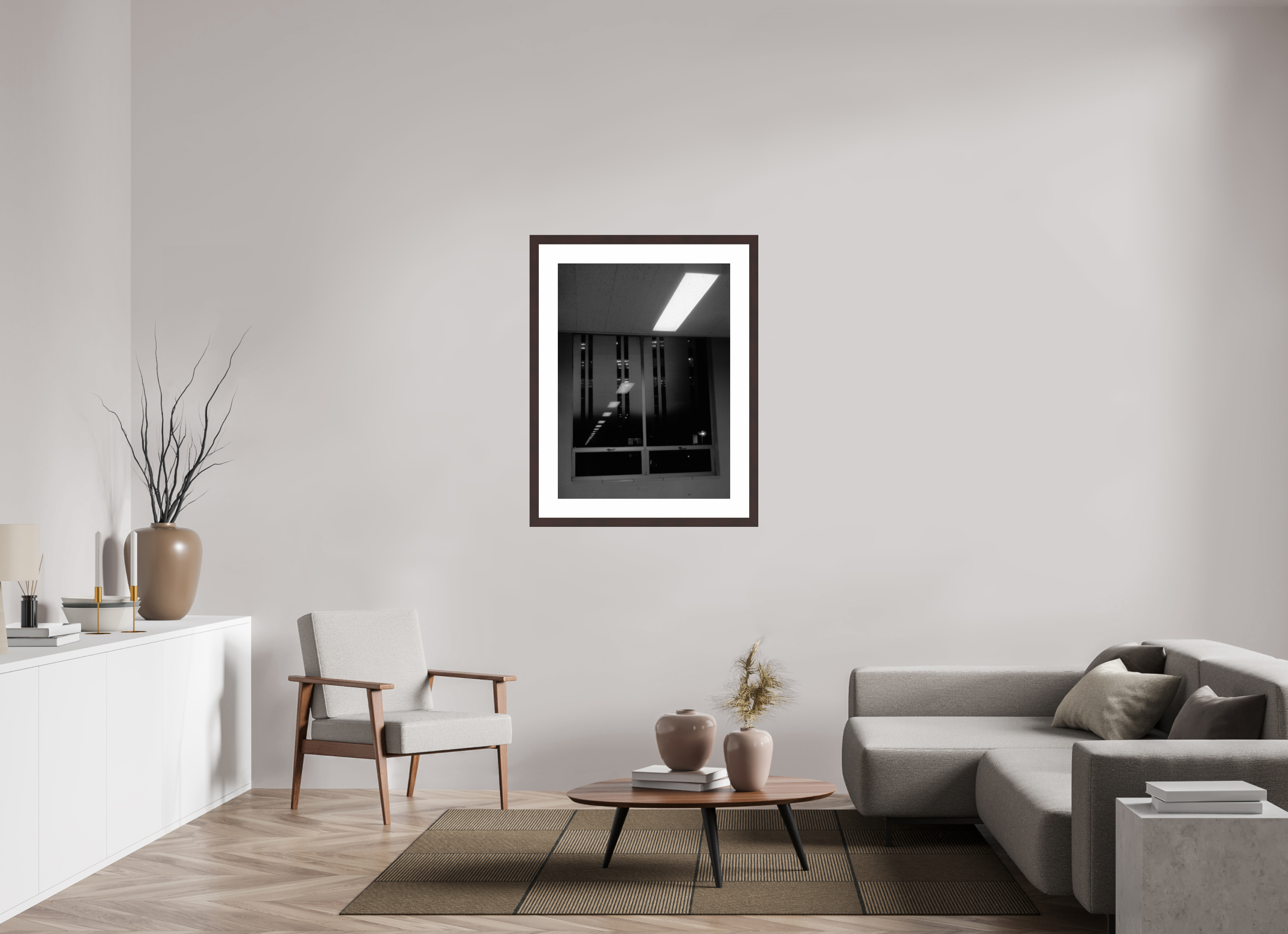 28 x 38.1″, Framed, Alder Brown, B&W Print Lights Extending Into Space