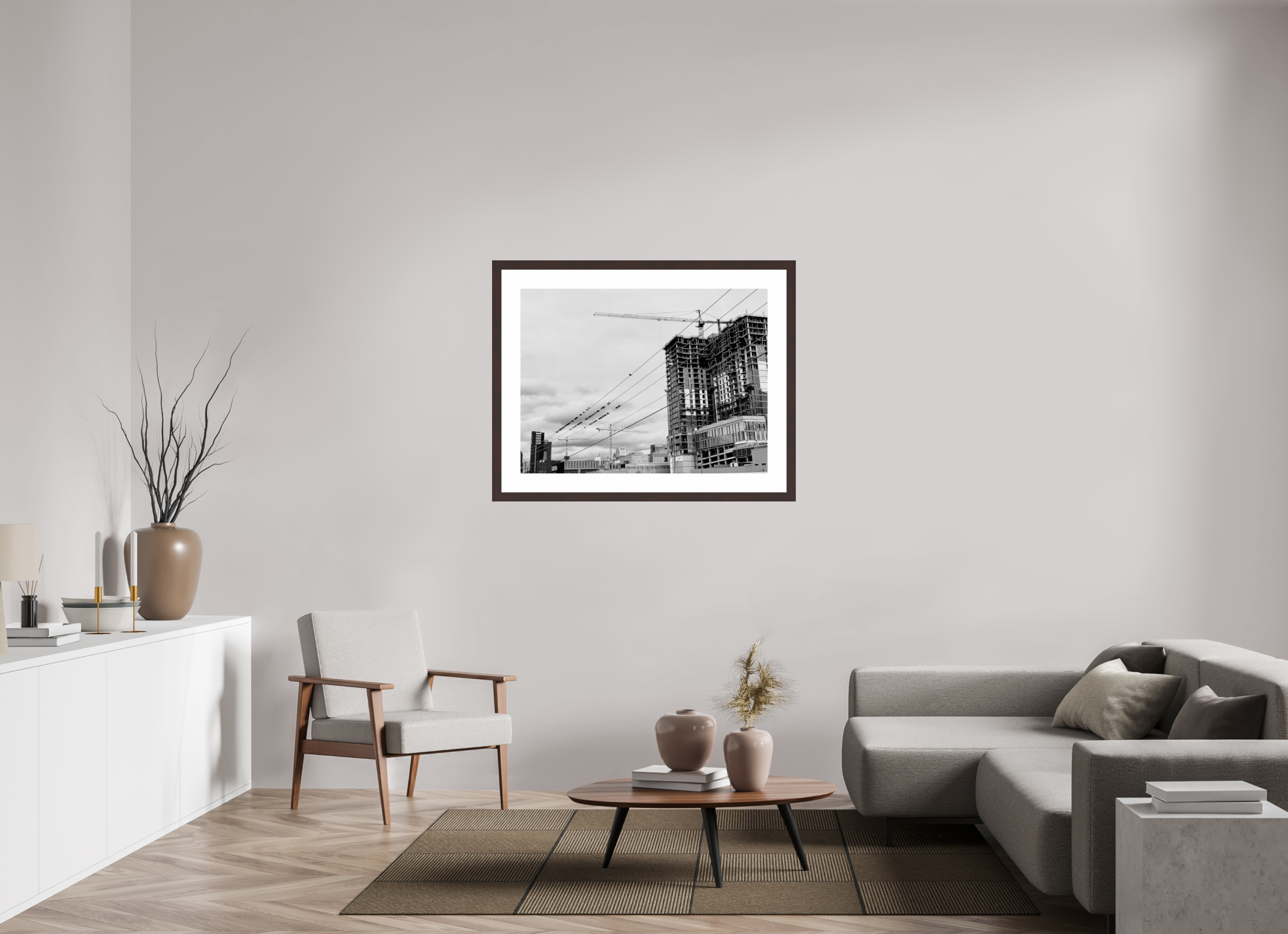 40 x 30″, Framed, Alder Brown, B&W Print Birds on Lines