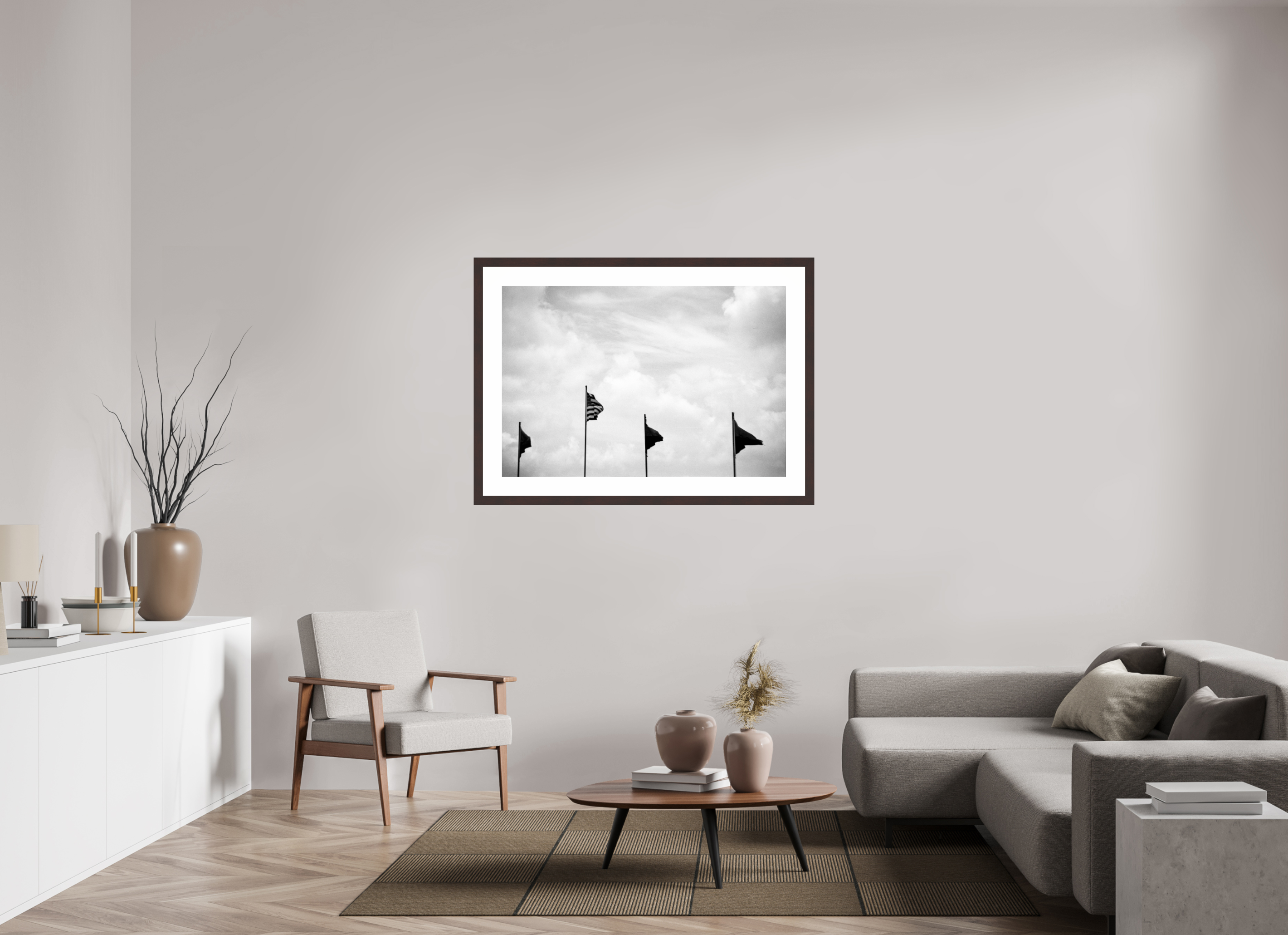 45.9 x 31″, Framed, Alder Brown, B&W Print Four Flags