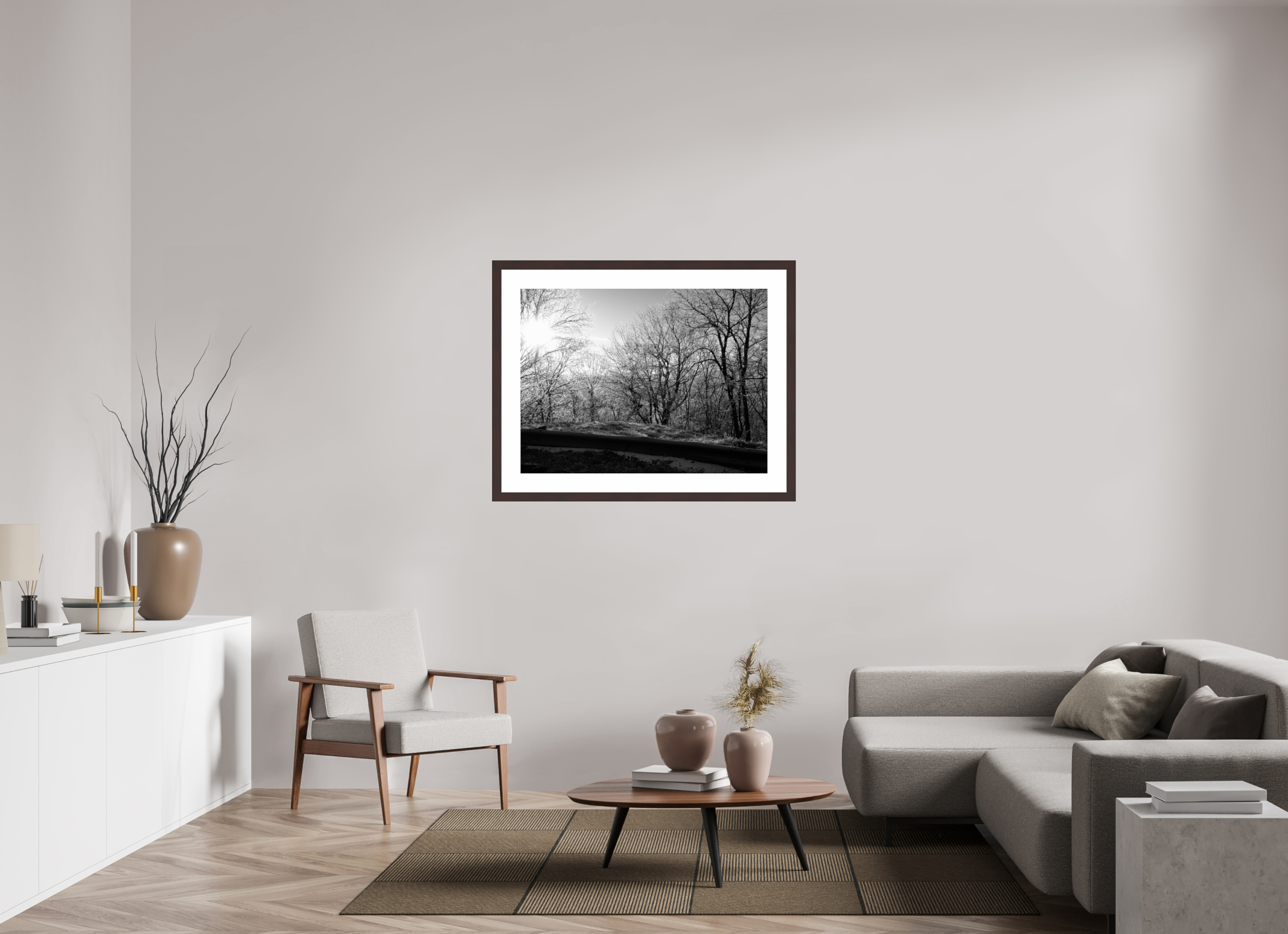40 x 30″, Framed, Alder Brown, B&W Print Winter Sunrise