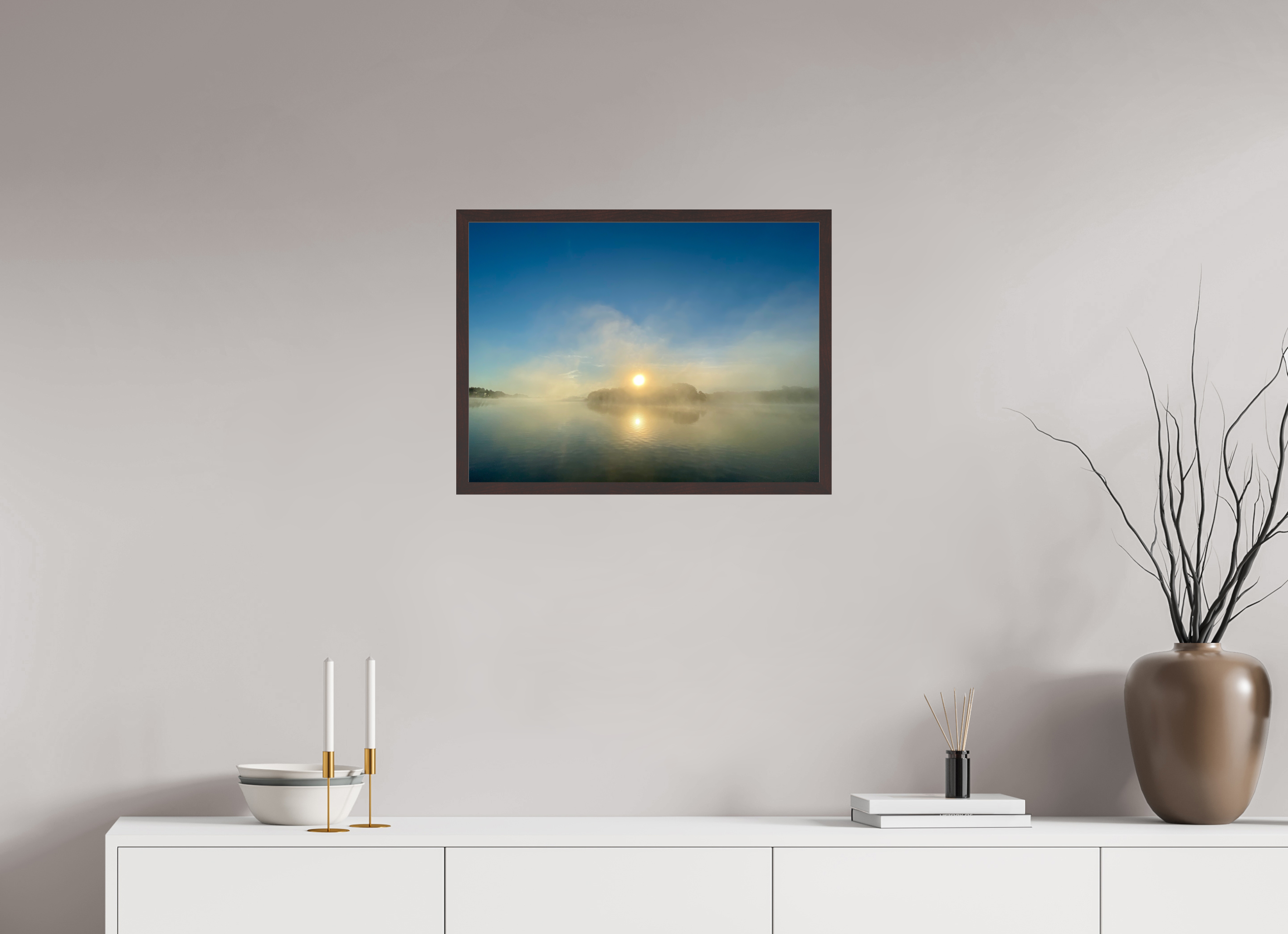 24 x 18″, ArtBox On Aluminum Dibond Sunrise Breaking Fog at Percy Priest Lake