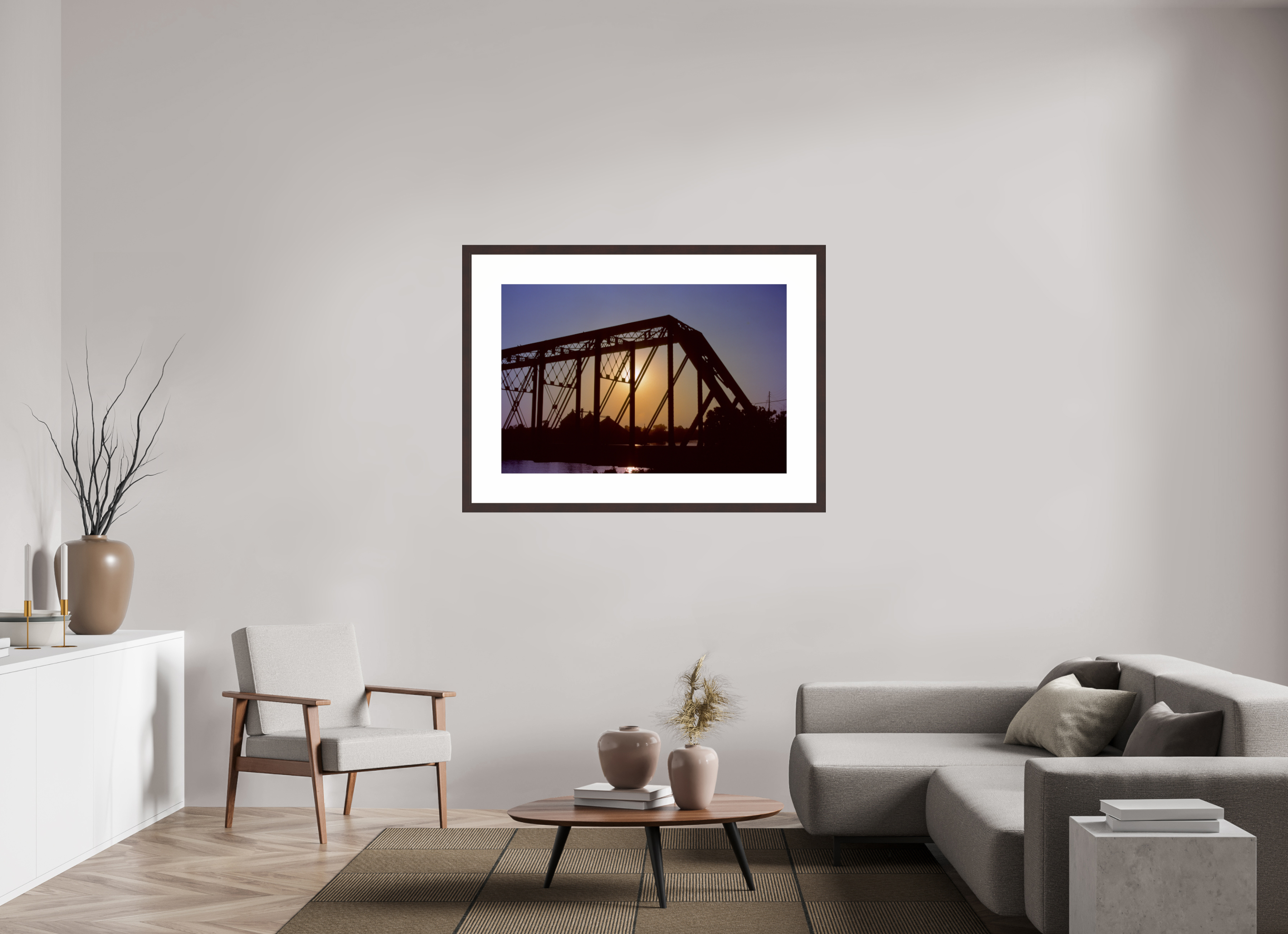 45 x 30″, Framed, Alder Brown, Color Print Sunset and Bridge