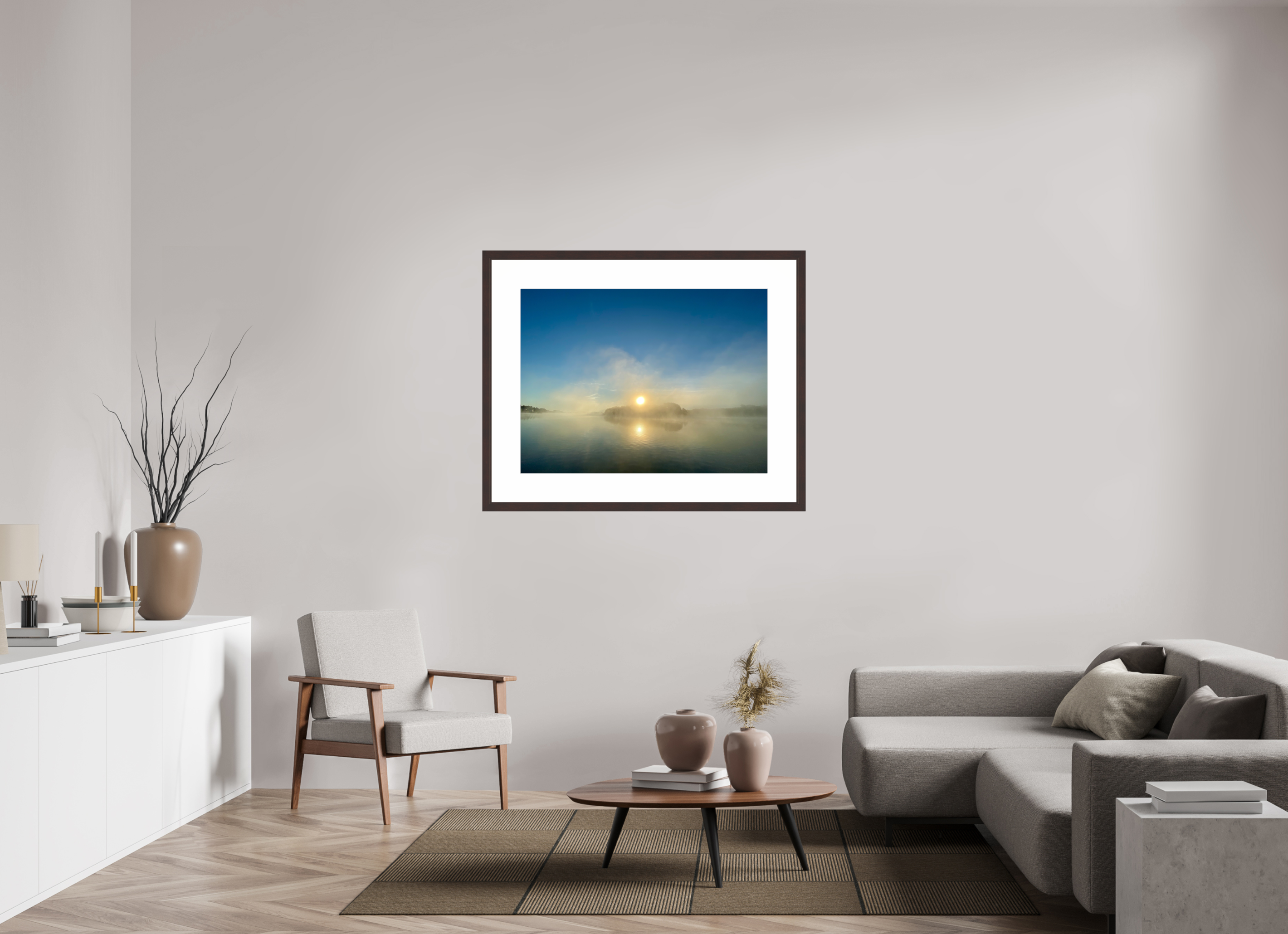 40 x 30″, Framed, Alder Brown, Color Print Sunrise Breaking Fog at Percy Priest Lake