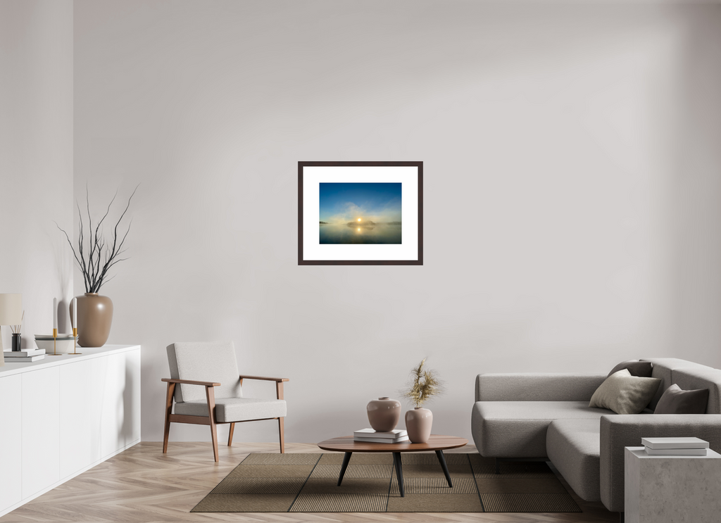 24 x 18″, Framed, Alder Brown, Color Print Sunrise Breaking Fog at Percy Priest Lake