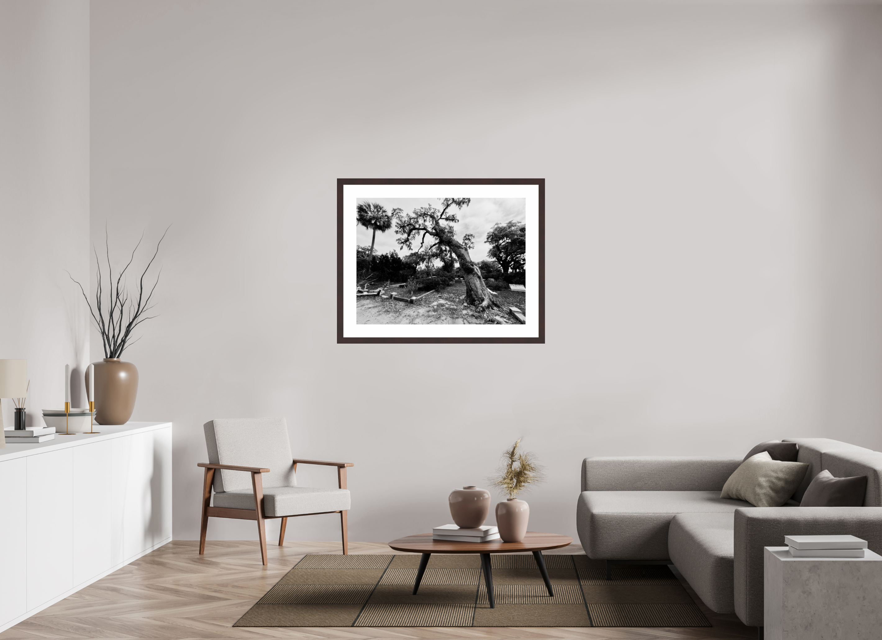 40 x 30″, Framed, Alder Brown, B&W Print Tree at Bonaventure Cemetery