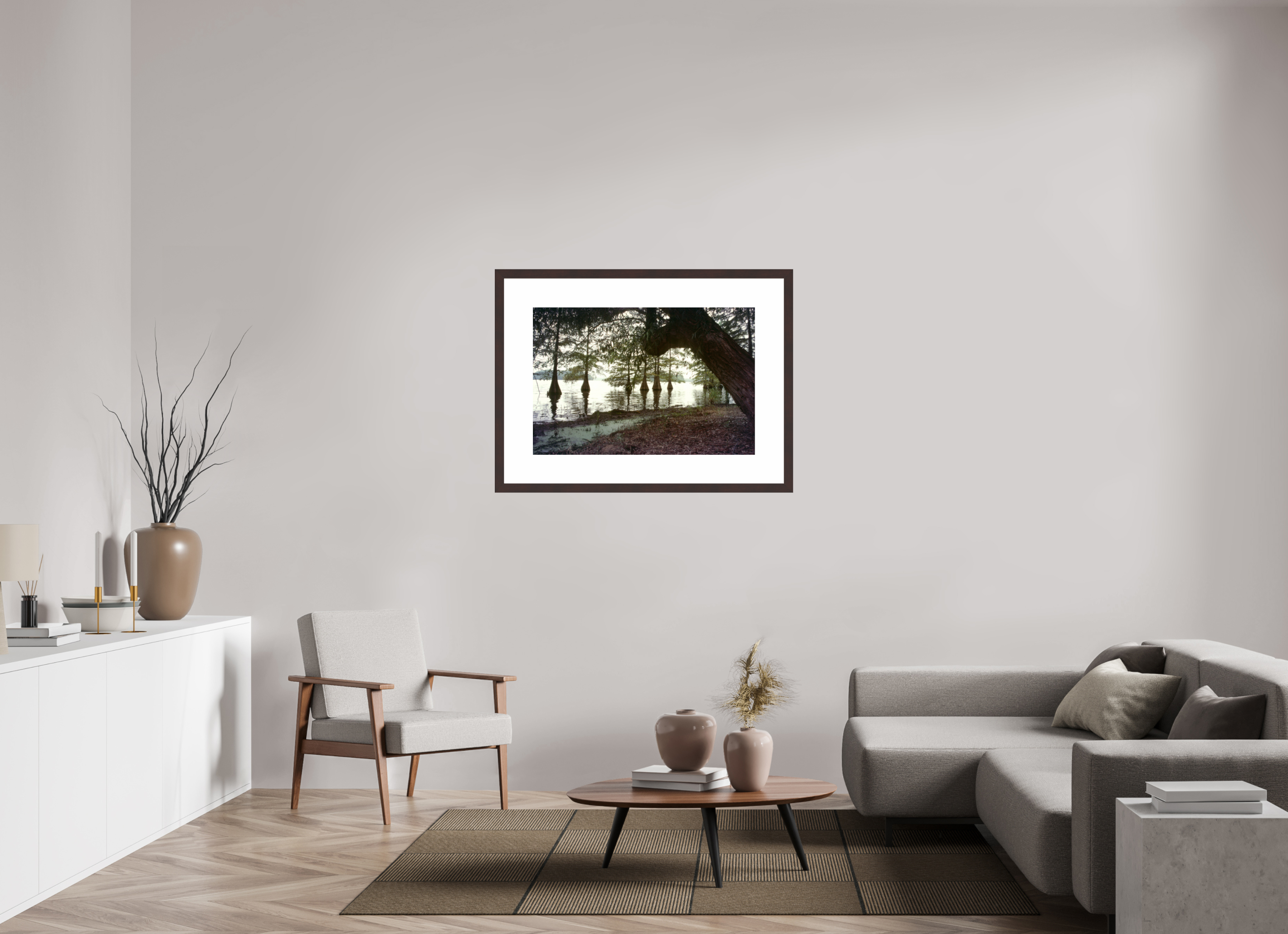 36 x 24″, Framed, Alder Brown, Color Print Cypress Trees Along Bank