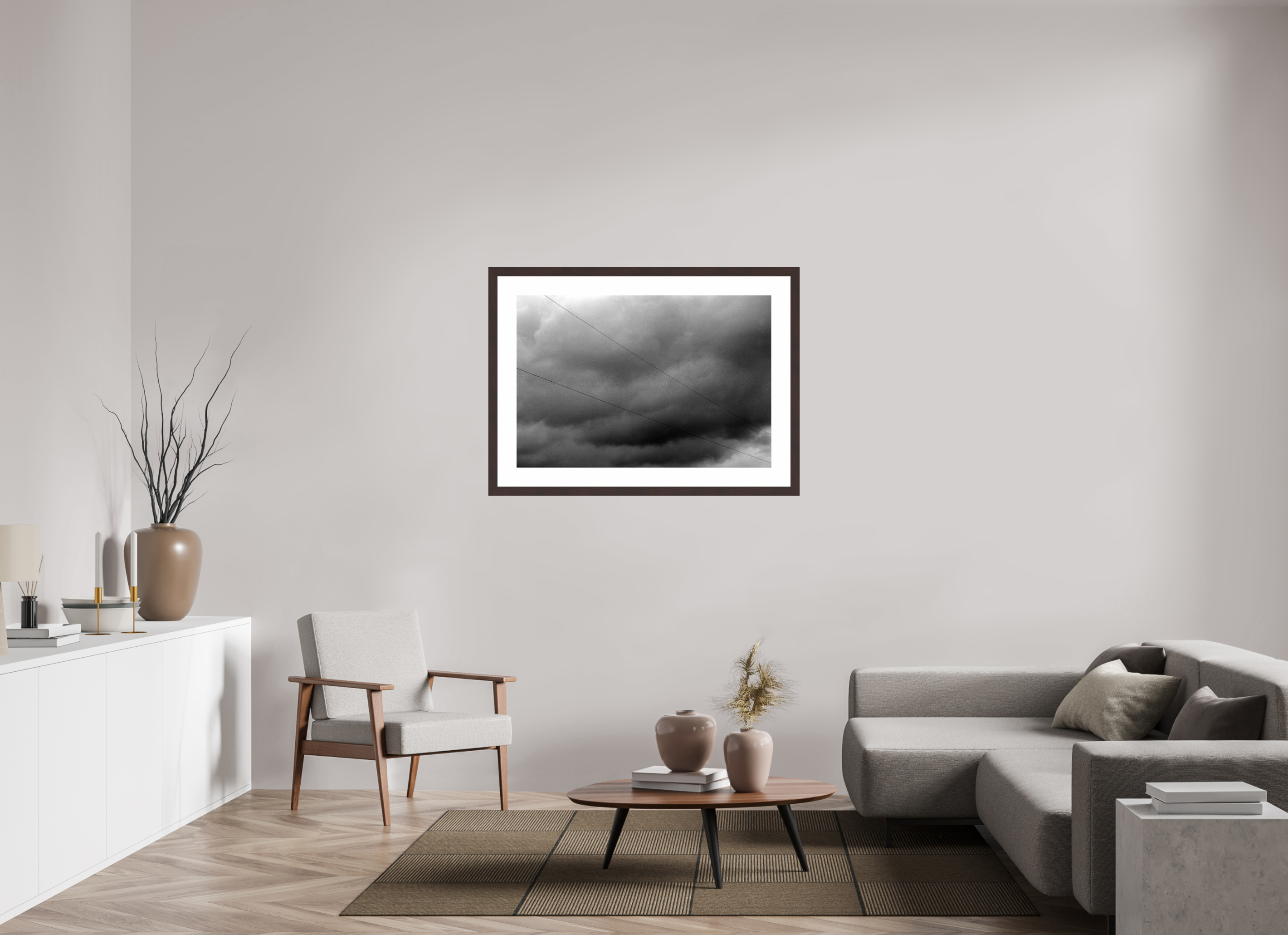 41.2 x 28″, Framed, Alder Brown, B&W Print Lines Under Storm