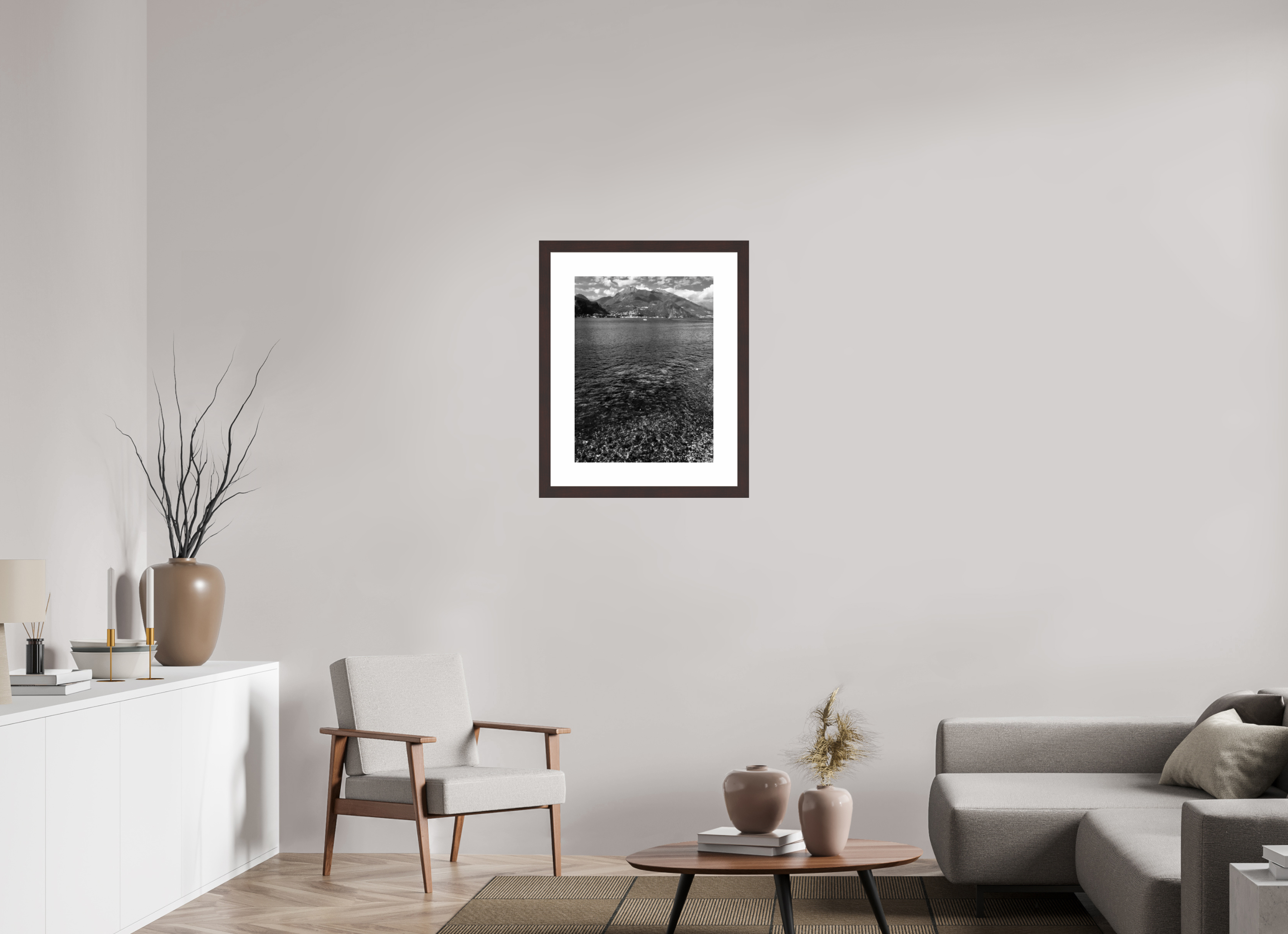 18 x 24″, Framed, Alder Brown, B&W Print View of Lake Como from Bellagio