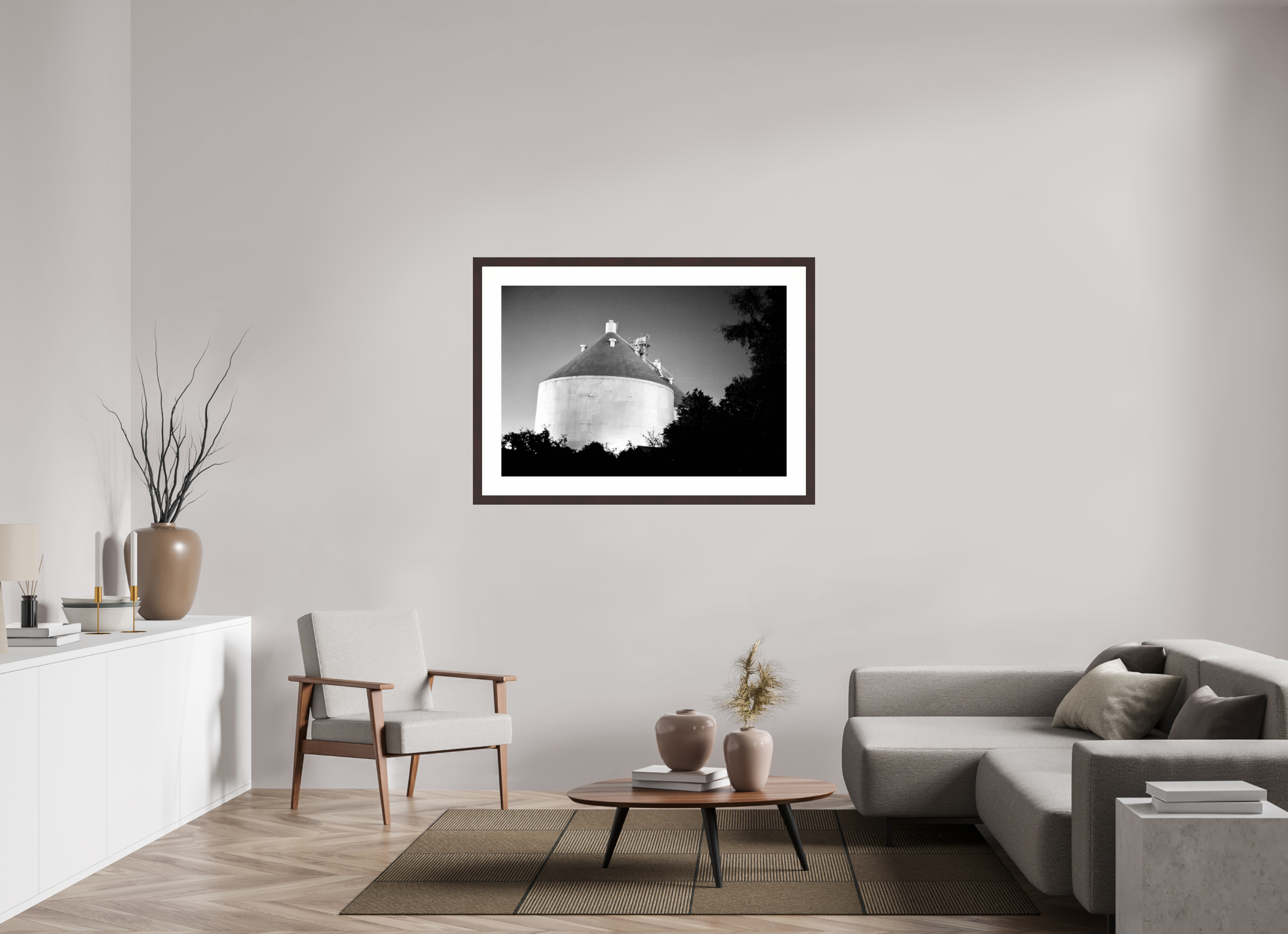 46.1 x 31″, Framed, Alder Brown, B&W Print Storage Tank at Night