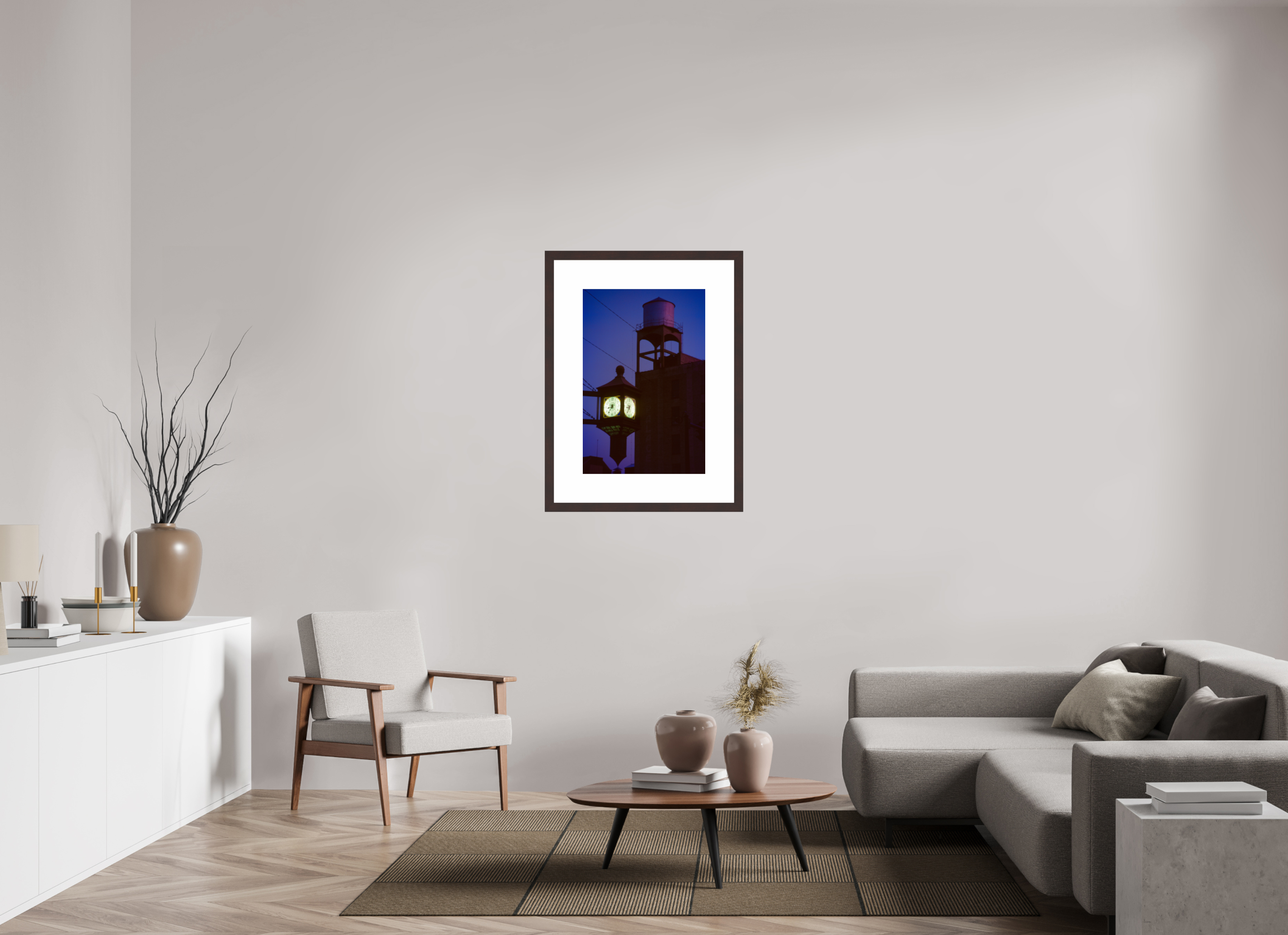 20 x 30″, Framed, Alder Brown, Color Print Clock and Water Tower